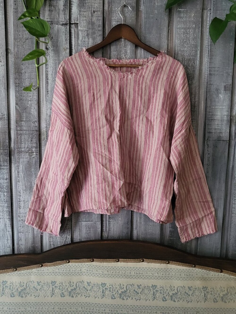 Pink Striped 100% Linen Frayed Hem Boho Blouse Top Raw Edge OS NWOT